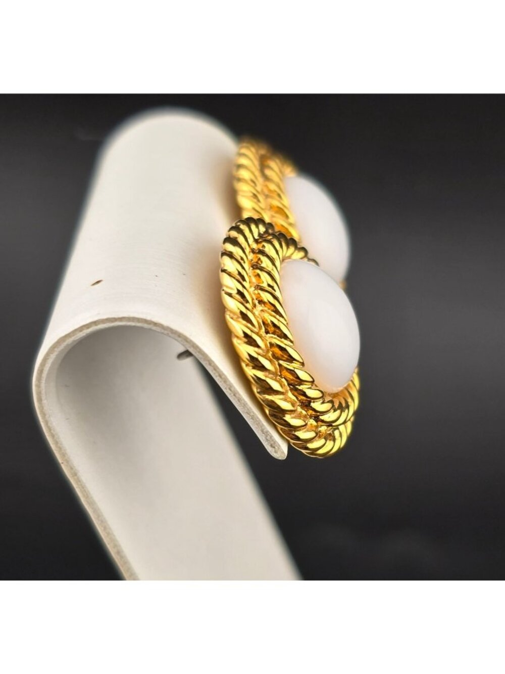 Vintage Napier Gold Tone Rope White Cabochon Pierced Earrings - Picture 4 of 9
